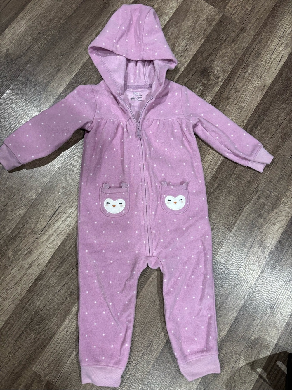 Carter's Light Pink Hooded Polka Dot One-Piece with Owl Pockets